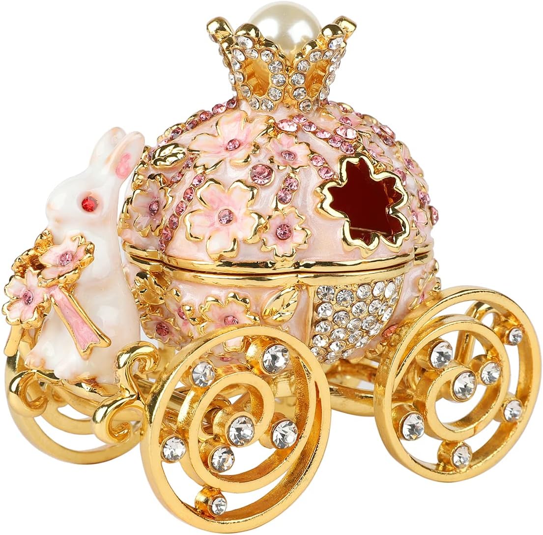 Bunny Pumpkin Carriage with Flowers Jewelry Trinket Box Hinged Hand-Painted Enamel Ornaments Gift for Home Decor (Pink)