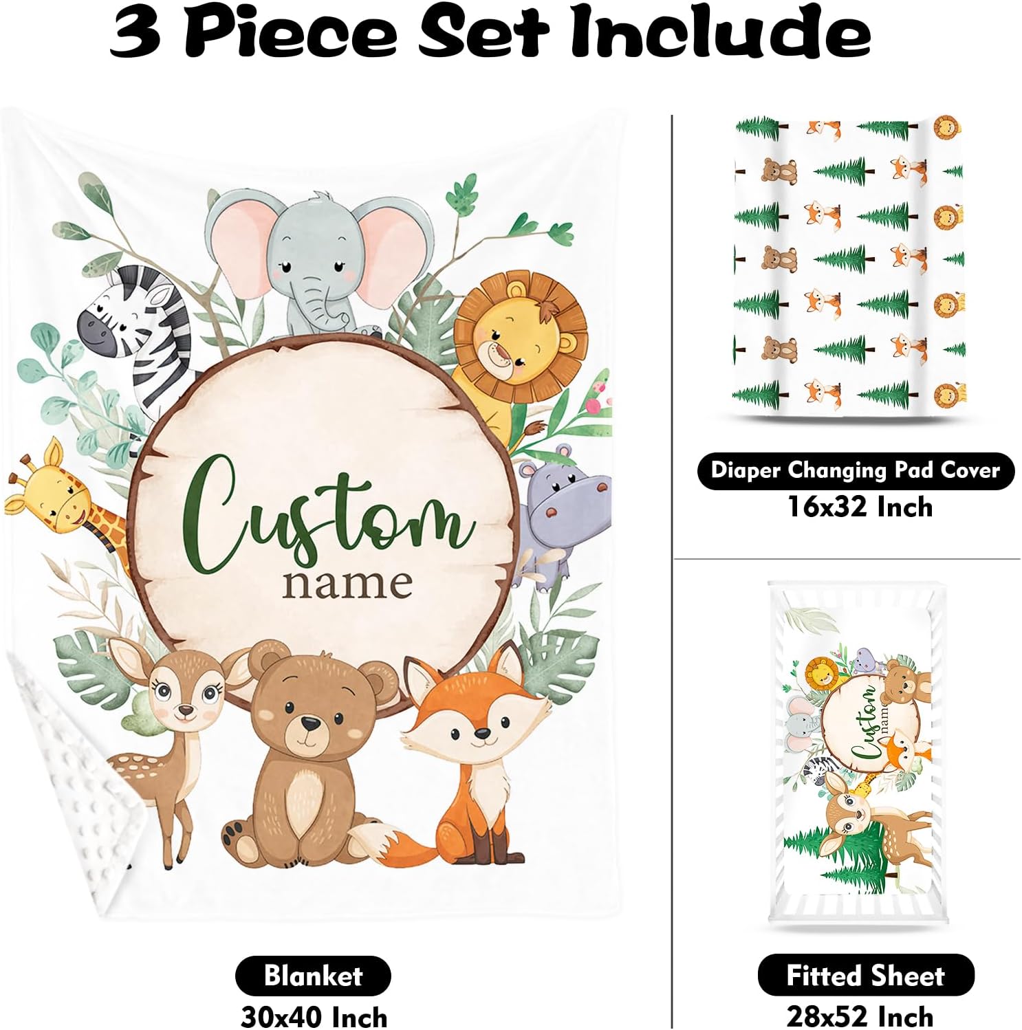 Personalized Name Crib Bedding Set for Infant Baby, Custom Nursery Decor Animals Baby Blanket Fitted Crib Sheet Changing Pad Cover 3 Pcs, from Parents