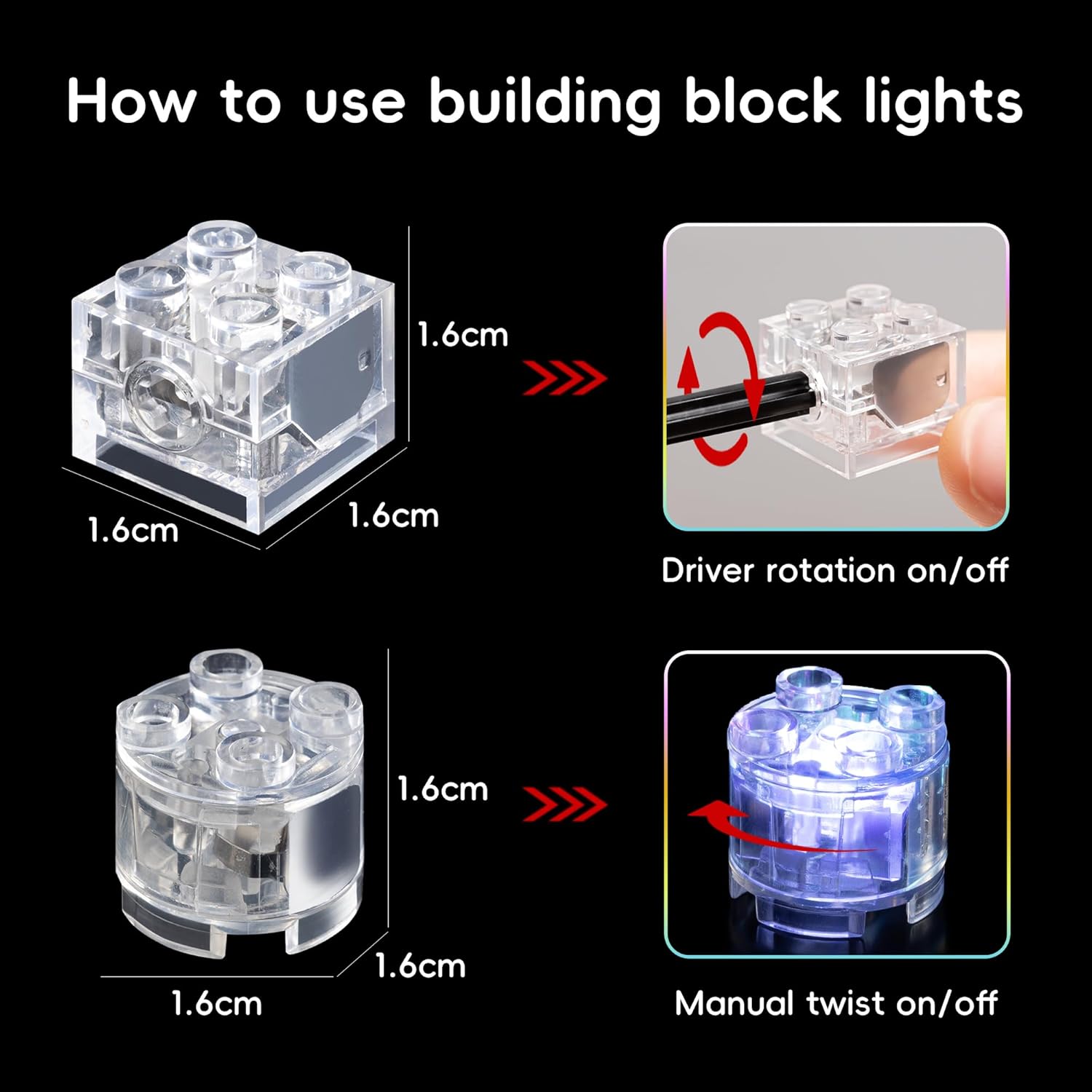 Sawaruita 16PCS Light Up Building Bricks Multicolor LED Light Brick Sets Classic Transparent 2x2 2x3 Building Block Accessories Kit Toys Compatible with All Major Brands