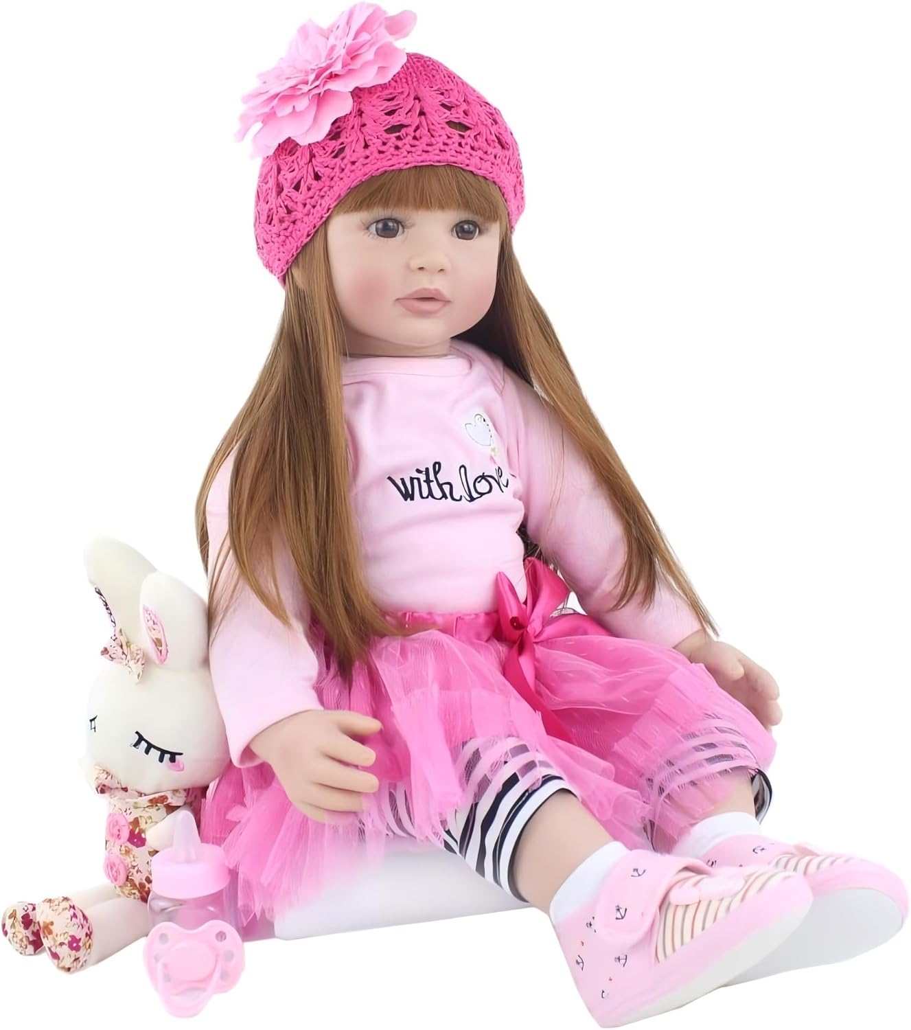 Pinky 24 inch 61cm Lovely Reborn Baby Girl Dolls Toddler Realistic Looking Life Like Baby Doll Vinyl Silicone Long Hair Babies Toy Gift (1811-2006)