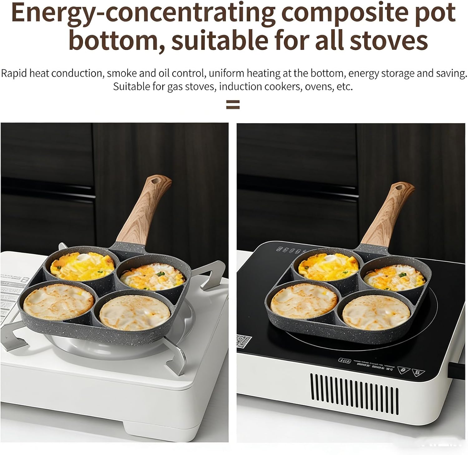 Maifan Stone Multi-hole Egg Frying Pan, 4-Cup Nonstick Aluminum Egg Pan for Pancakes & Breakfast, Multifunctional 4-in-1 Non Stick Frying Pan for Eggs, Easy Clean Granite Coating (1PC)