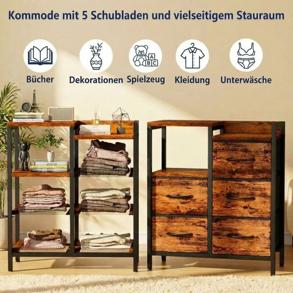Garvee 5 Schubladen Rollcontainer Aktenschrank Druckerständer Mobil Holz | A4 & Letter Format, Offenes Ablagefach, Vliesstoff-Schübe, 360° Rollen, Bremse, Platzsparender Organizer, Stabiler Rahmen