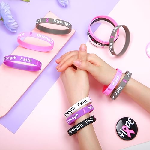 Miniatura 5 de Kigeli 100 pulseras de silicona con cinta rosa para concienciación sobre el cáncer de mama, pulsera de apoyo inspiradora para suministros de fiesta