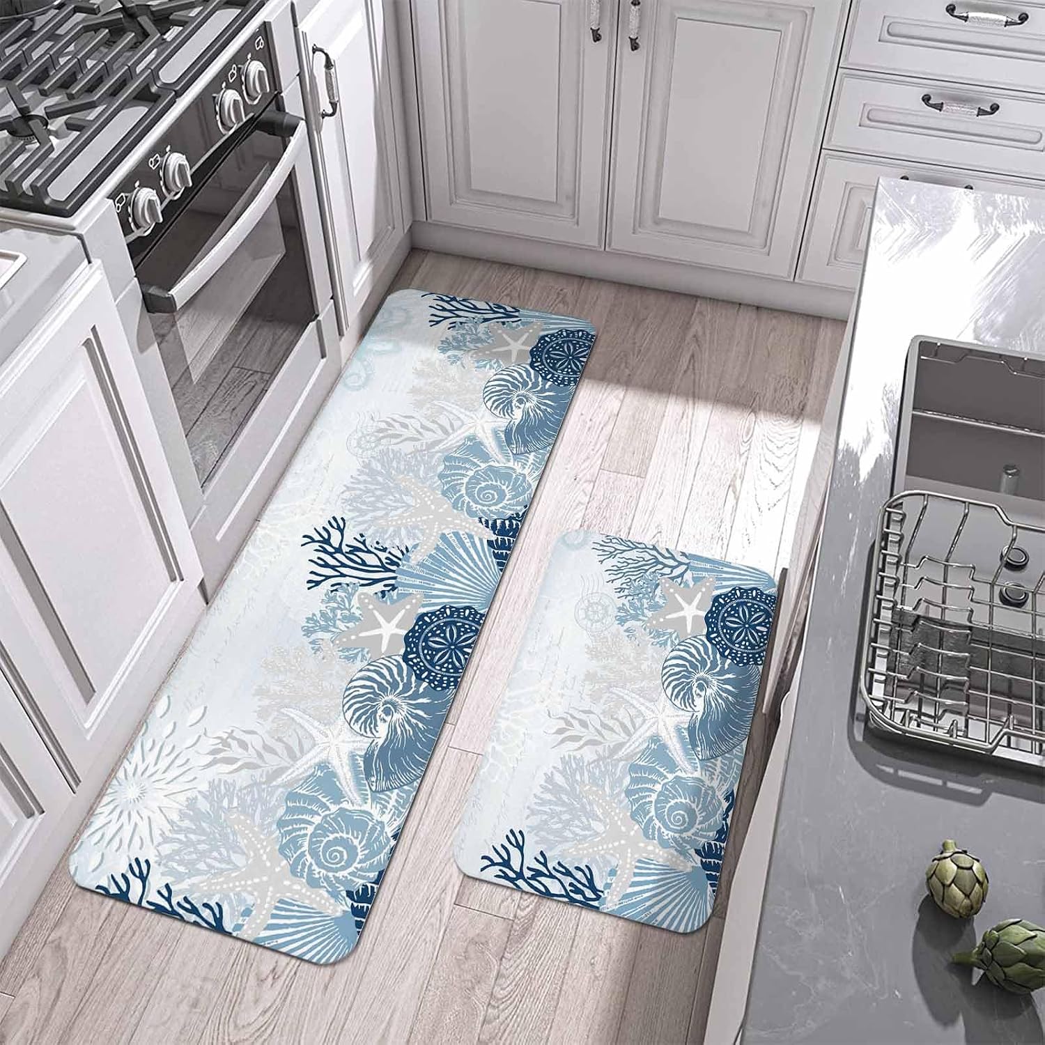 Summer Marine Life Kitchen Mats Set of 2 Ocean Coral Coastal Starfish Sand Dollar Conch Non Slip Mat Washable Floor Rug for Kitchen Sink Floor Laundry, 20"x24"+20"x48"