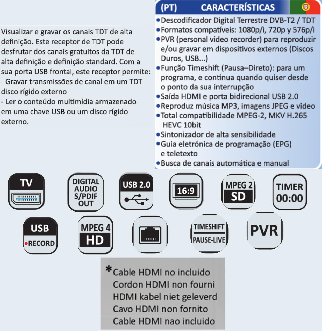 TDT Récepteur HD Full HD Espagnol H265+ 10bit, FTA DM-Digital, DVB-T2, USB, HDMI, LAN, SCART, Wi-Fi, télécommande universelle IR 2 en 1, noir, métal