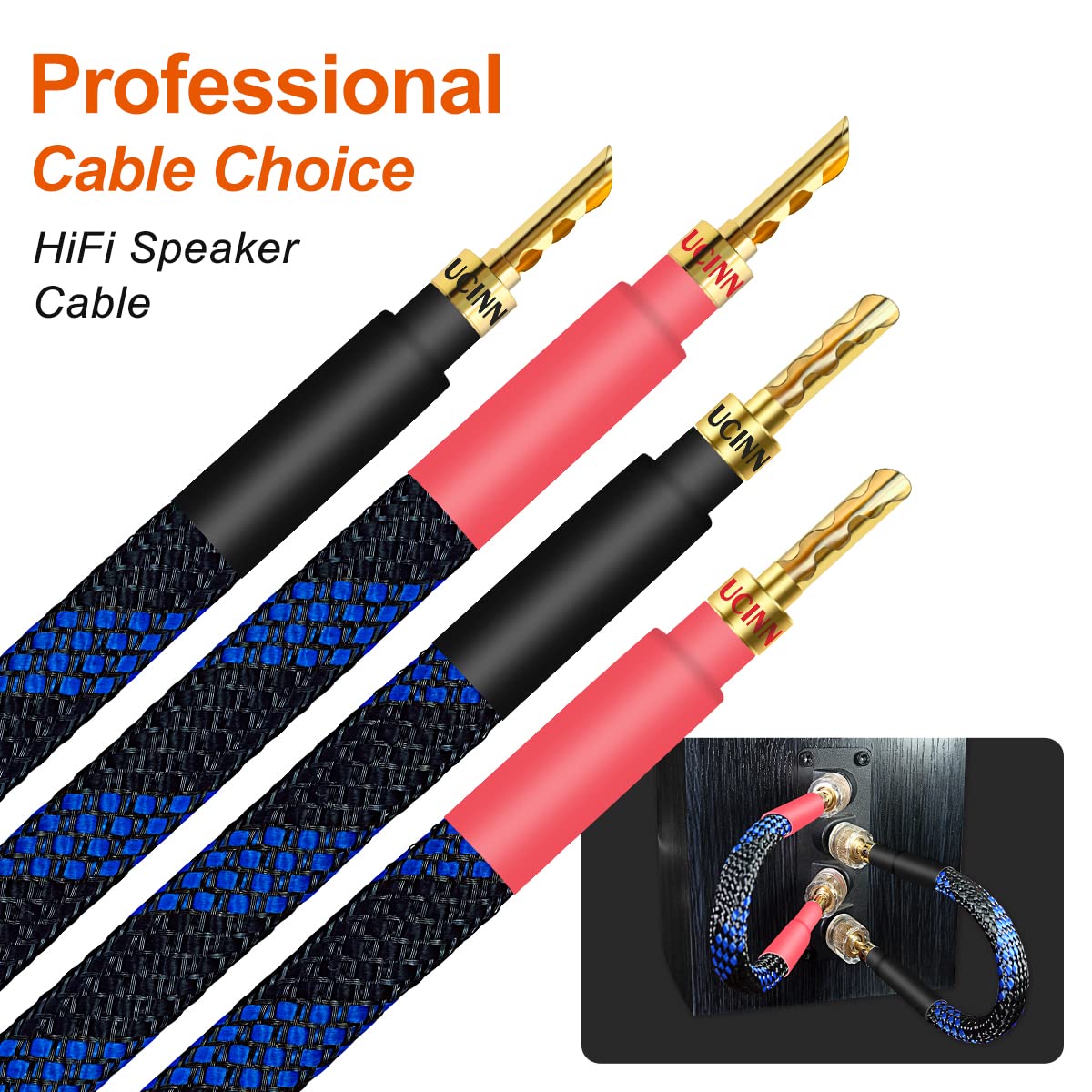 UCINNOVATE 11 AWG HiFi BFA Z Plugs Banana Speaker Cables, Confezione da 4 cavi per altoparlanti audiofili OFC placcati in oro con spina a banana BFA per sistema audio HiFi, spine a banana BFA con fili