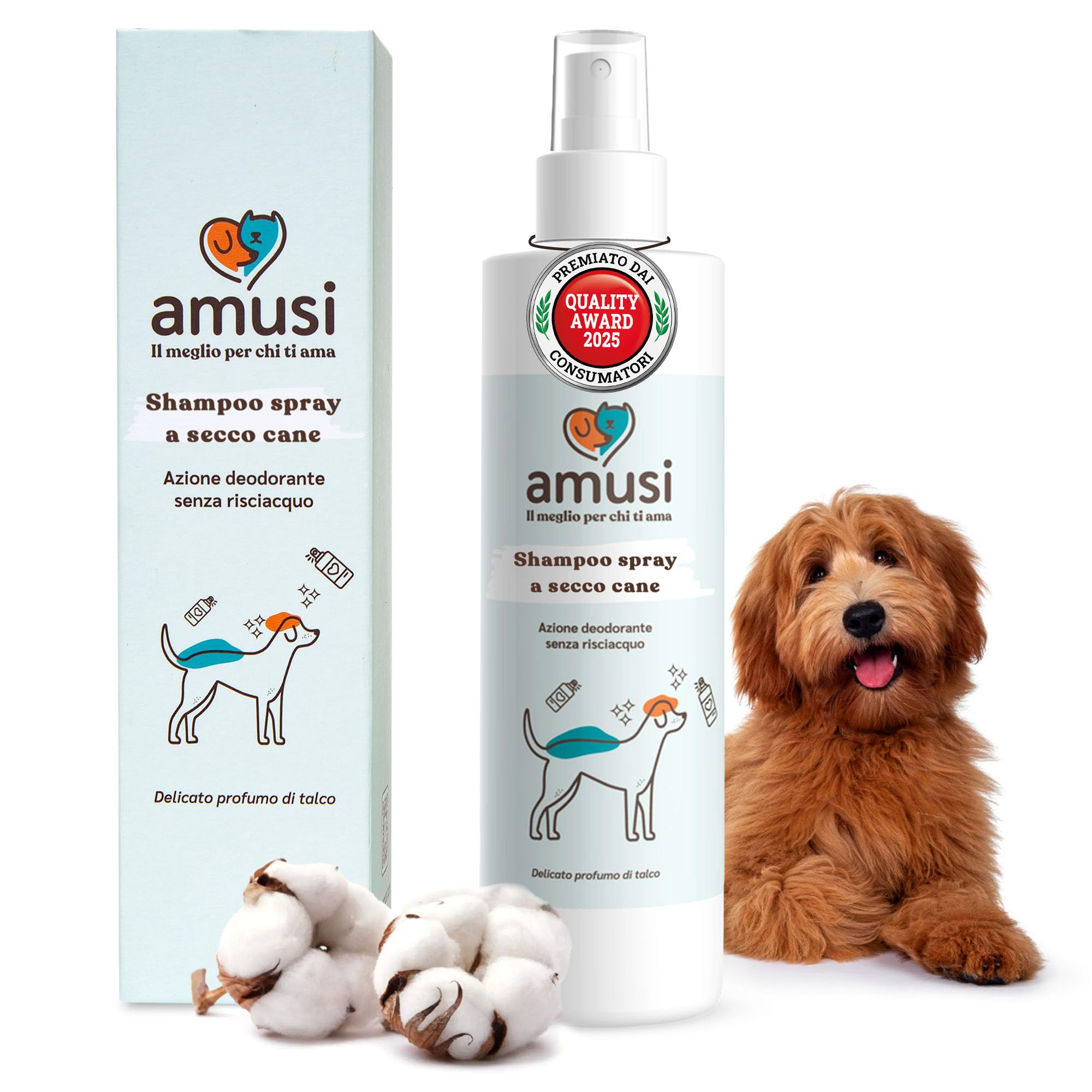 amusi Shampoo Secco per Cani 250ml Antiodore, Made in Italy 100% Naturale e Vegano | Shampoo Cane Spray Senza Risciacquo, Shampoo Per Cani Profumato Ipoallergenico, Balsamo Cani Pelo Lungo