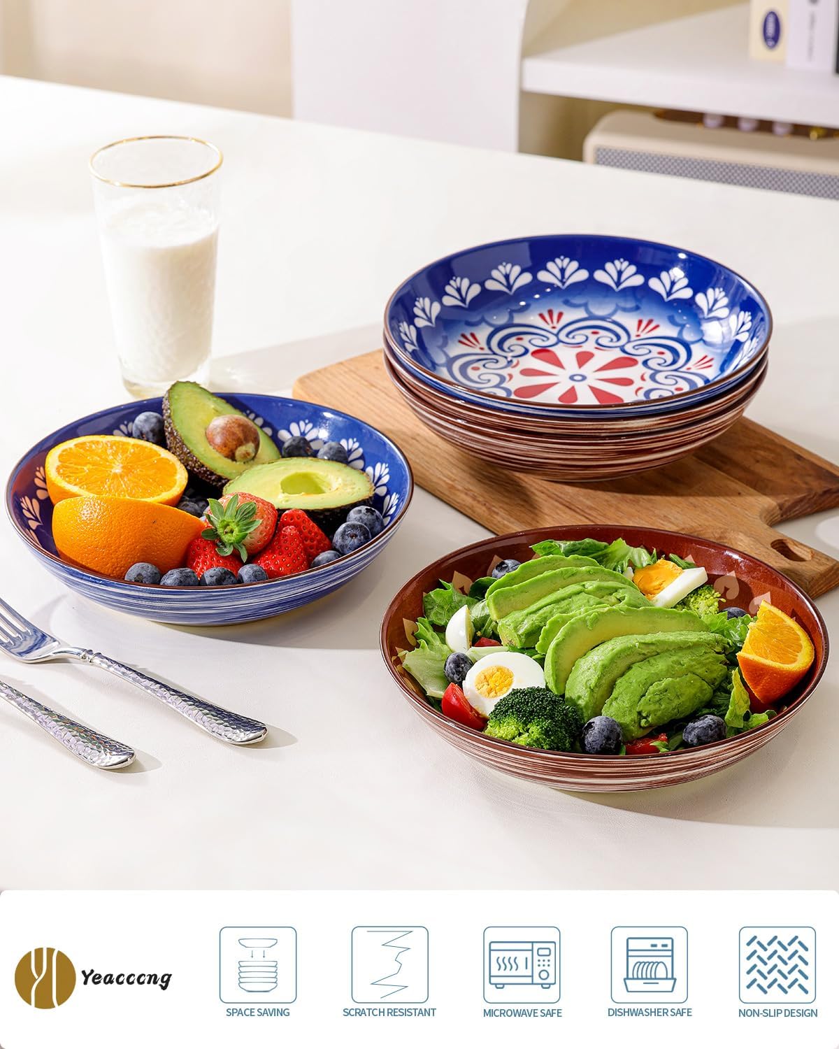 Yeacccng Bohemian Pasta Bowls Set of 6, 8.5 Inch 35 Oz Ceramic Serving Bowls, Brown Color Block Design, Lead-Free Cadmium-Free, Dishwasher Microwave Oven Safe, Scratch-Resistant Salad Soup Bowls