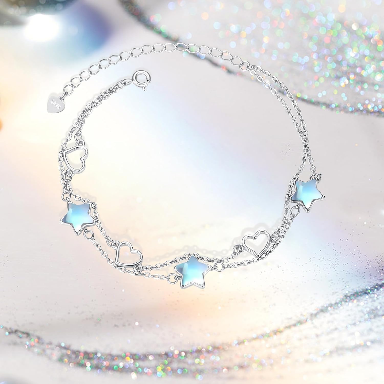 Star Moonstone Bracelet 925 Sterling Silver Moonstone Adjustable Bracelets Lucky Star Jewelry Gifts for Women Girlfriend