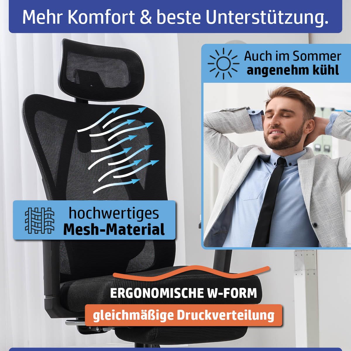 Bürostuhl Schreibtischstuhl | verstellbare Armlehnen & Kopfteil | 6 Modelle | Ergonomisch | stufenlos verstellbare Lendenstütze | inkl. 2 Rollensets | bis 150kg | BackPro Polster-Schwarz