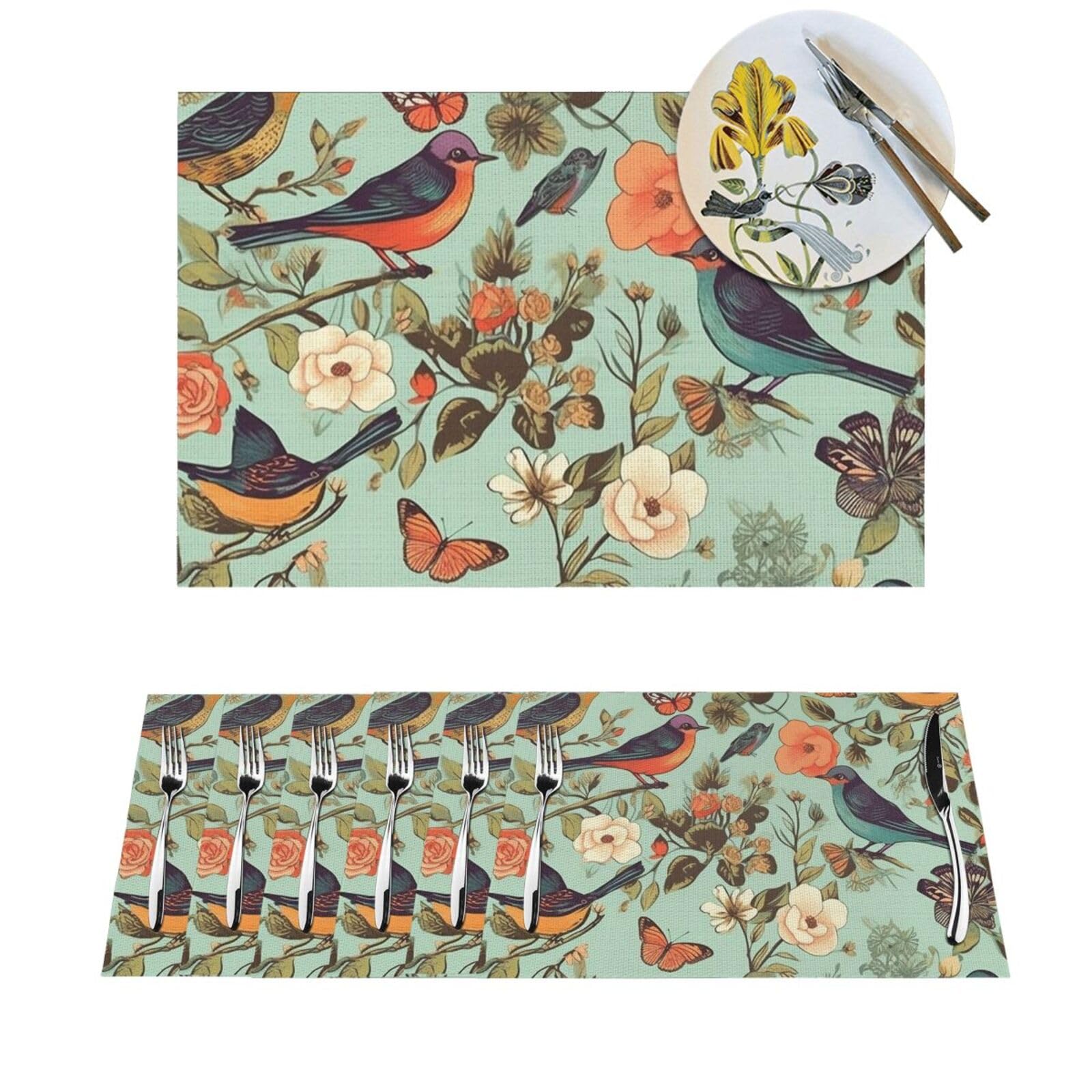 Set de table antidérapant lavable en PVC à motif oiseau lot de 4