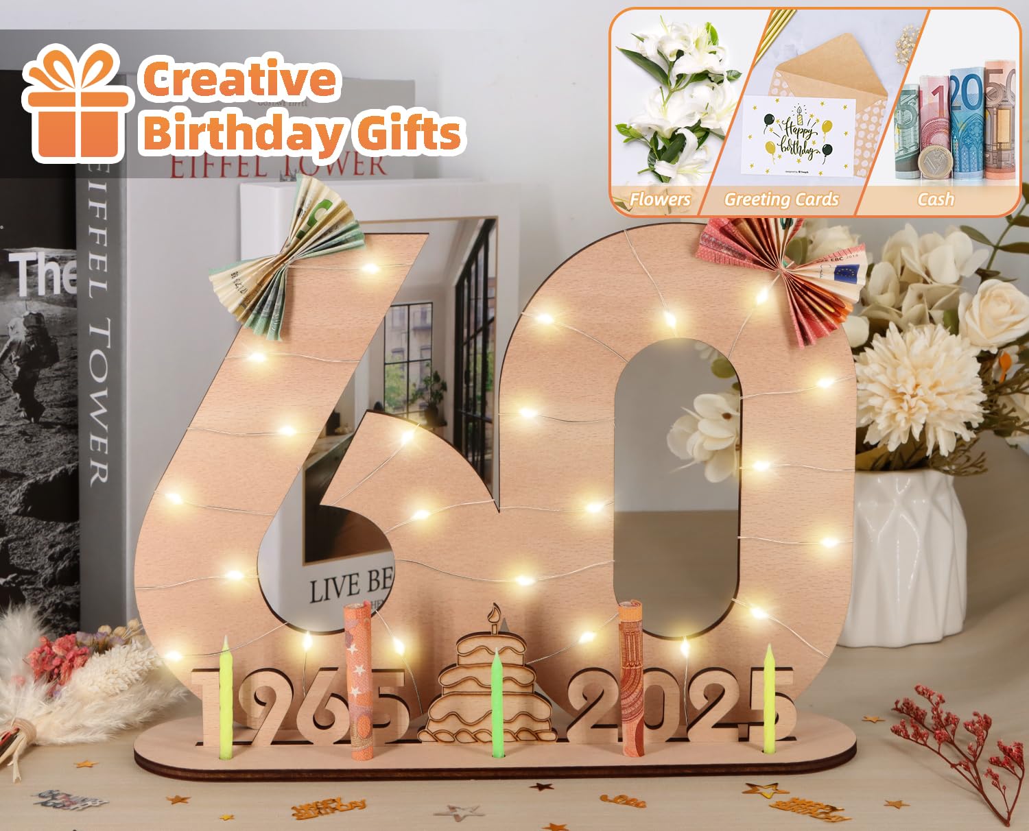 Giftota 2025 Originale Libro Degli Ospiti in Legno per Uomo e Donna - 30 Anni Regali Creativi in Denaro - Regalo di Compleanno in Legno per il 30° Anniversario con Luci LED - DIY Decorazioni in Legno