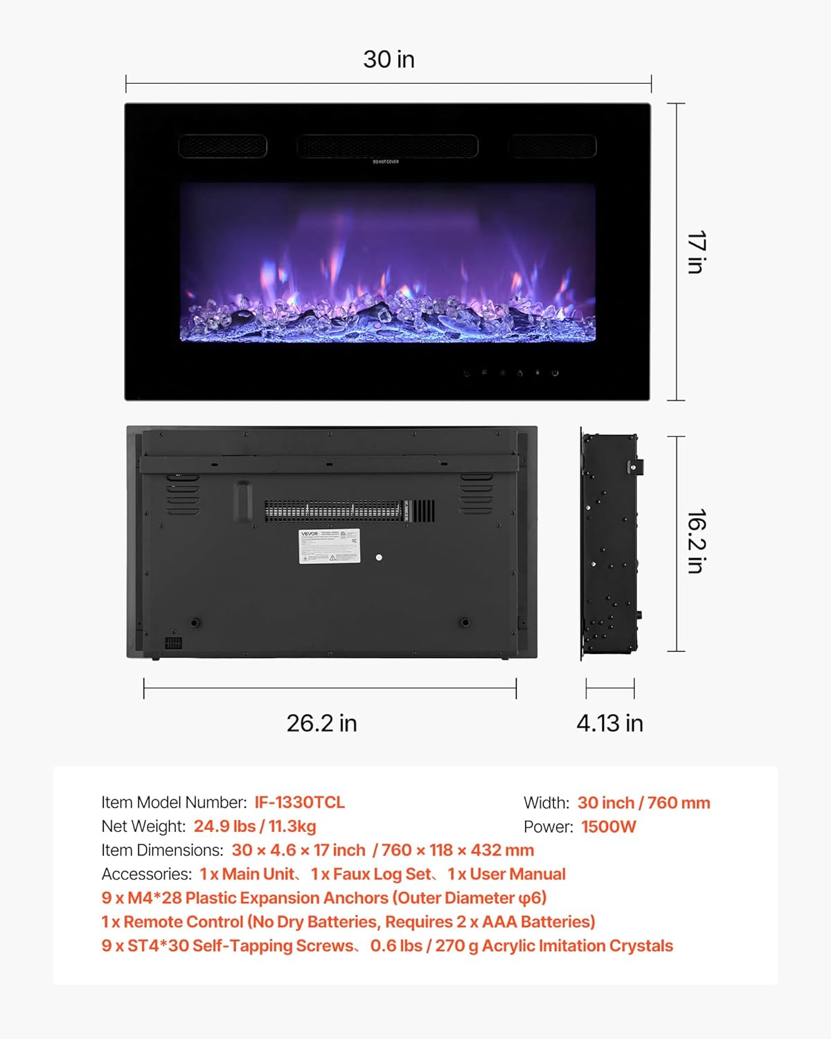 Two images showing the VEVOR 30-inch electric fireplace installed: one wall-mounted and one recessed into a mantel.