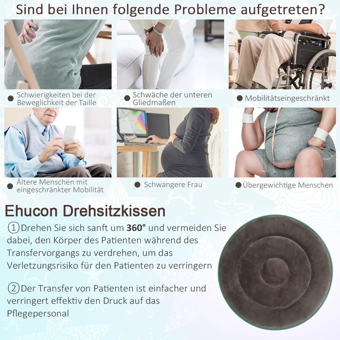 Drehsitz Kissen 360 Grad drehendes Sitzkissen Pivot Disc Pad für ältere, Schwangere Frau, drehbarer Autositz. Einfaches Drehen vom Bett zum Rollstuhl oder Stuhl (Grau Packung 1-Zähler(50cm))