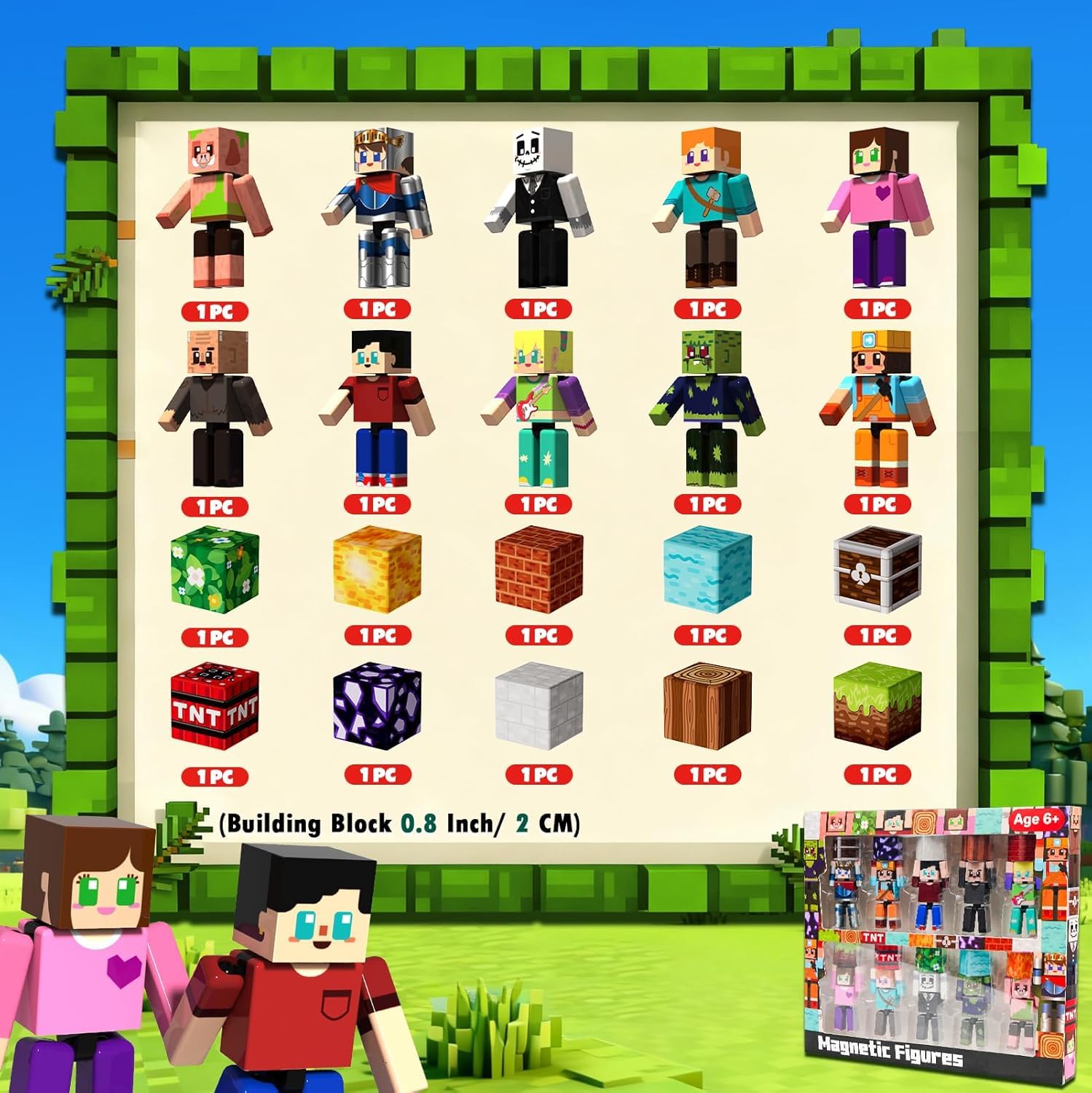 Bloques Magnéticos Construcción Niños (Set 20 Piezas): 10 Personajes Figuras y 10 Cubos Magnéticos, Juegos Montessori Educativos, Imanes de Construcción, Regalo para Niños y Niñas 3 4 5 6 Años