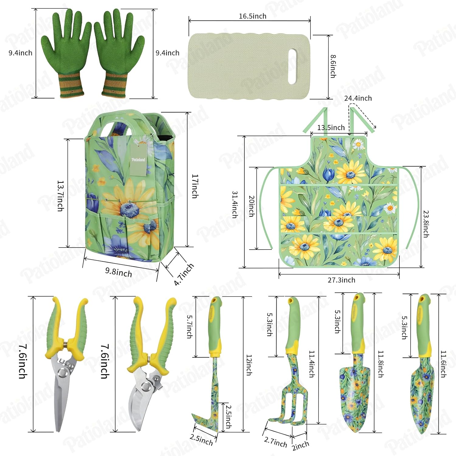 10-Piece Garden Tool Set – Green Floral Print Gardening Hand Tools with Non-Slip Handles, Heavy Duty Rust-Proof Aluminum Tools, Organizer Tote Bag, Ideal Gardening Gifts for Women & Grandma