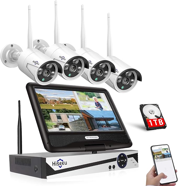 美しい 双方向の音声 防犯カメラ ワイヤレスhiseeu 12インチlcd液晶モニタ一体型nvr 1536p 300万画素ワイヤレスカメラ4台セット 3tbhdd内蔵 8チャンネルまで増設可 遠隔監視 防水等級ip66 Ai動体検知 屋内 屋外 セキュリティ 防犯カメラ 1536pカメラ4台 12インチ液晶