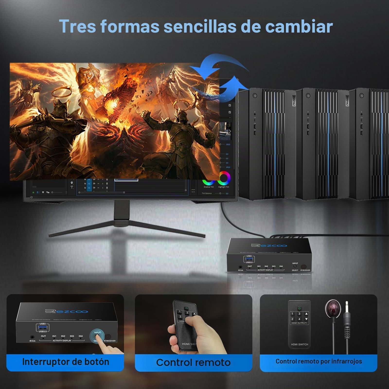 Conmutador KVM USB 3.0 HDMI de 4 puertos 4 en 1 salida 4K 60 Hz 4 en 4 salidas SPDIF 5.1 de audio - Mouse/teclado/Wireless USB para PC, Printer, escáner, Windows, Linux,
