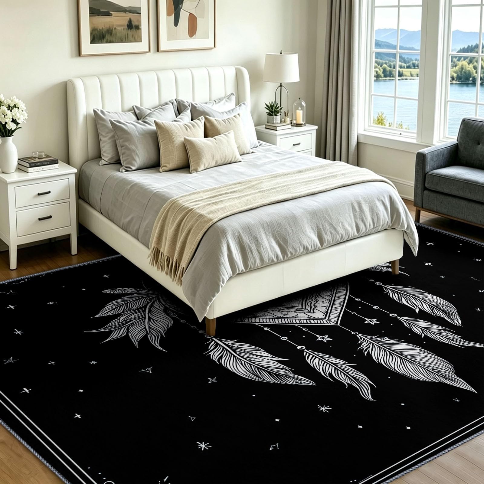 Generisch Teppich Waschbar rutschfest 120 x 170 cm, Boho Minimalistisch Traumfänger Mond Tppiche für Schlafzimmer Kinderzimmer Yogastudio Flur, Schwarz