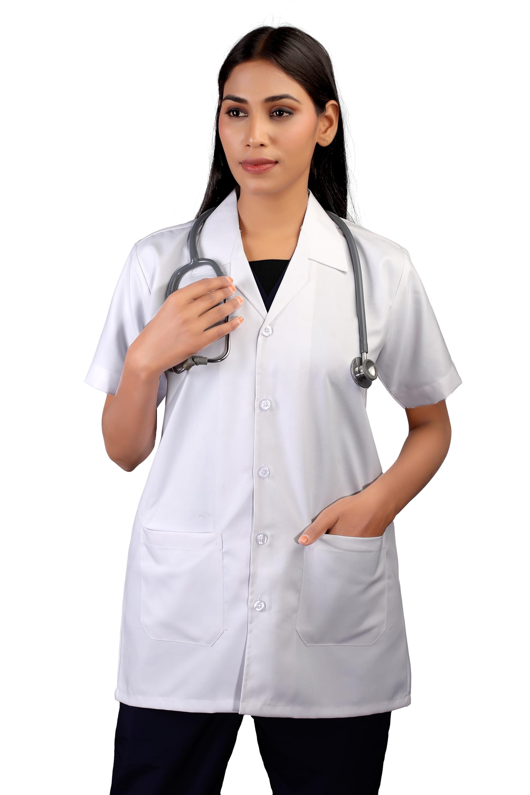 Half Sleeve Cotton Blend White Apron for Women | Lab Coats for Women | 2 Pockets | Uniform for Students-image-27