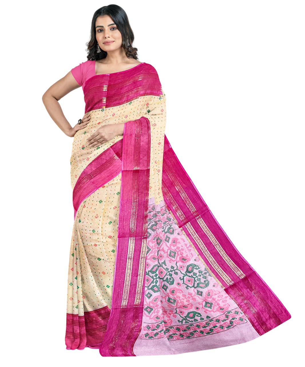eC ESHA'S COLLECTION Women's Pure Cotton Jamdani Printed Handloom Tant Saree Without Blouse Piece