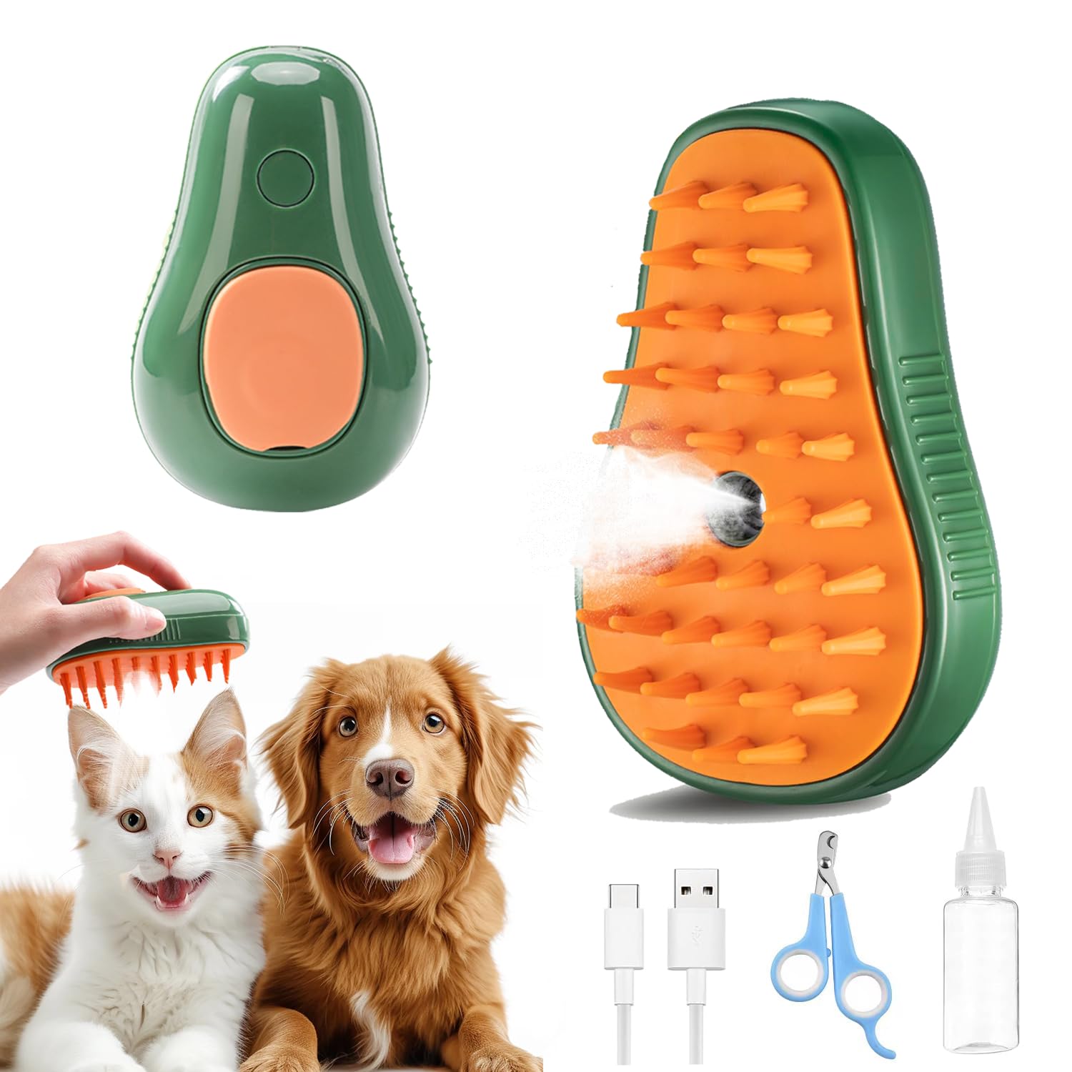PAMEENCOS Cat Steam Brush, 3 in 1 Cat Brush for Shedding,Spray Cat Brush For Pets Grooming, Portable Pets Hair Removal Tool For Cats and Dogs, Pets Steamy Brush With Water Tank,Green