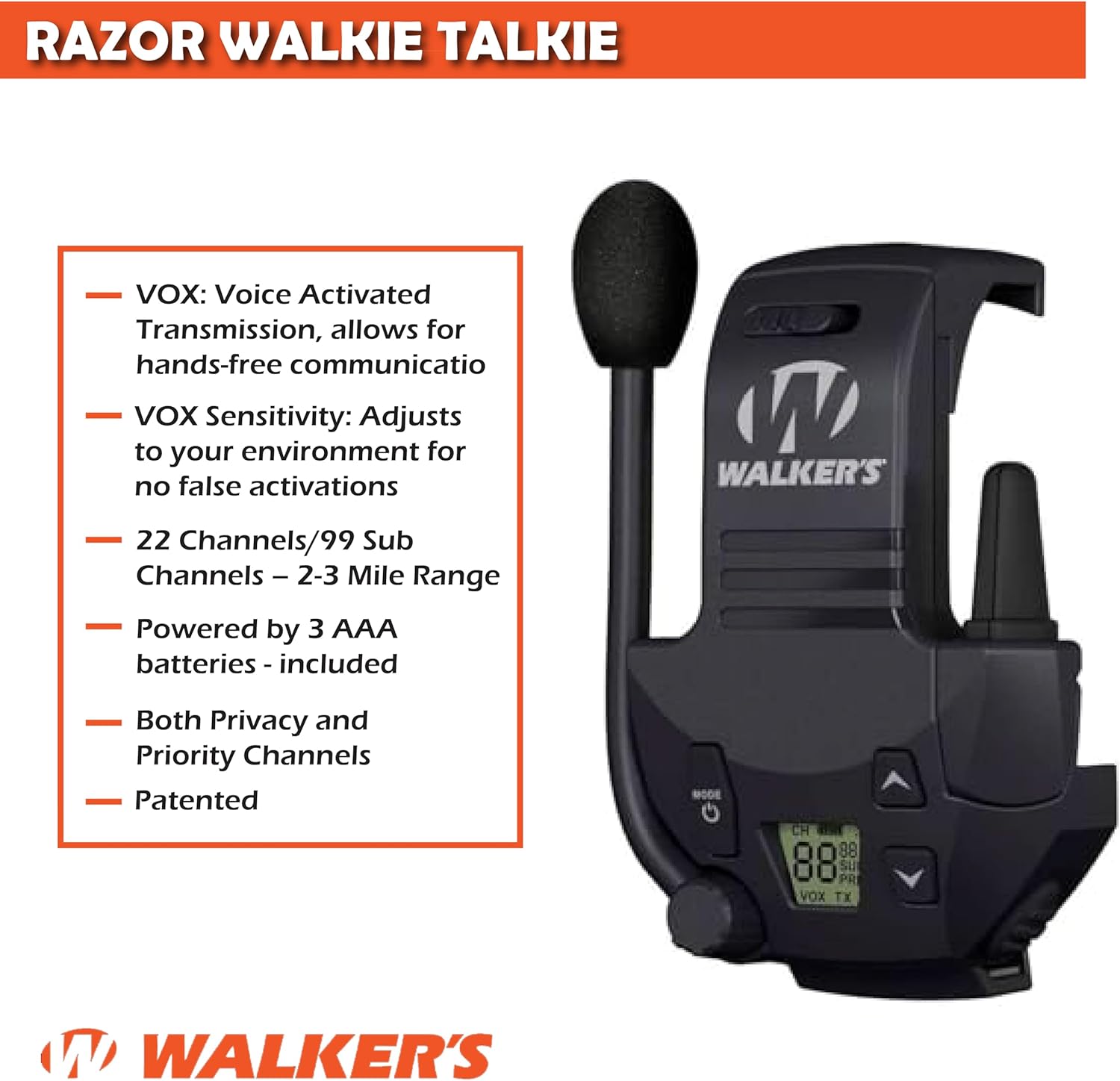 Walker's Razor Slim Ultra Low Profile Compact Design Adjustable Hearing Protection Electronic Earmuffs - Black Bundle With WALKER'S Razor Walkie Talkie Attachment - 22 Channels 3 Miles Range (2 Pack)