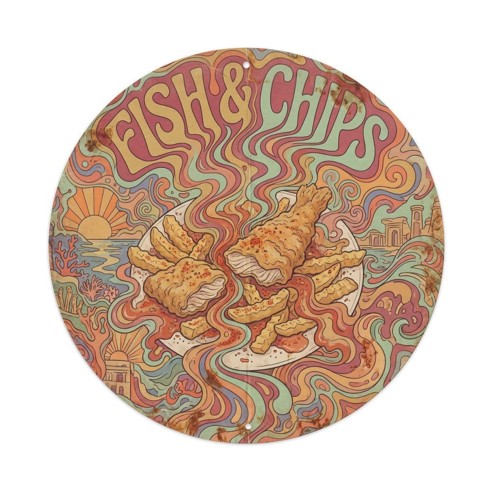 Eritrea Fish And Chips Market Food Swirl Psychedelic Metal Tin Sign