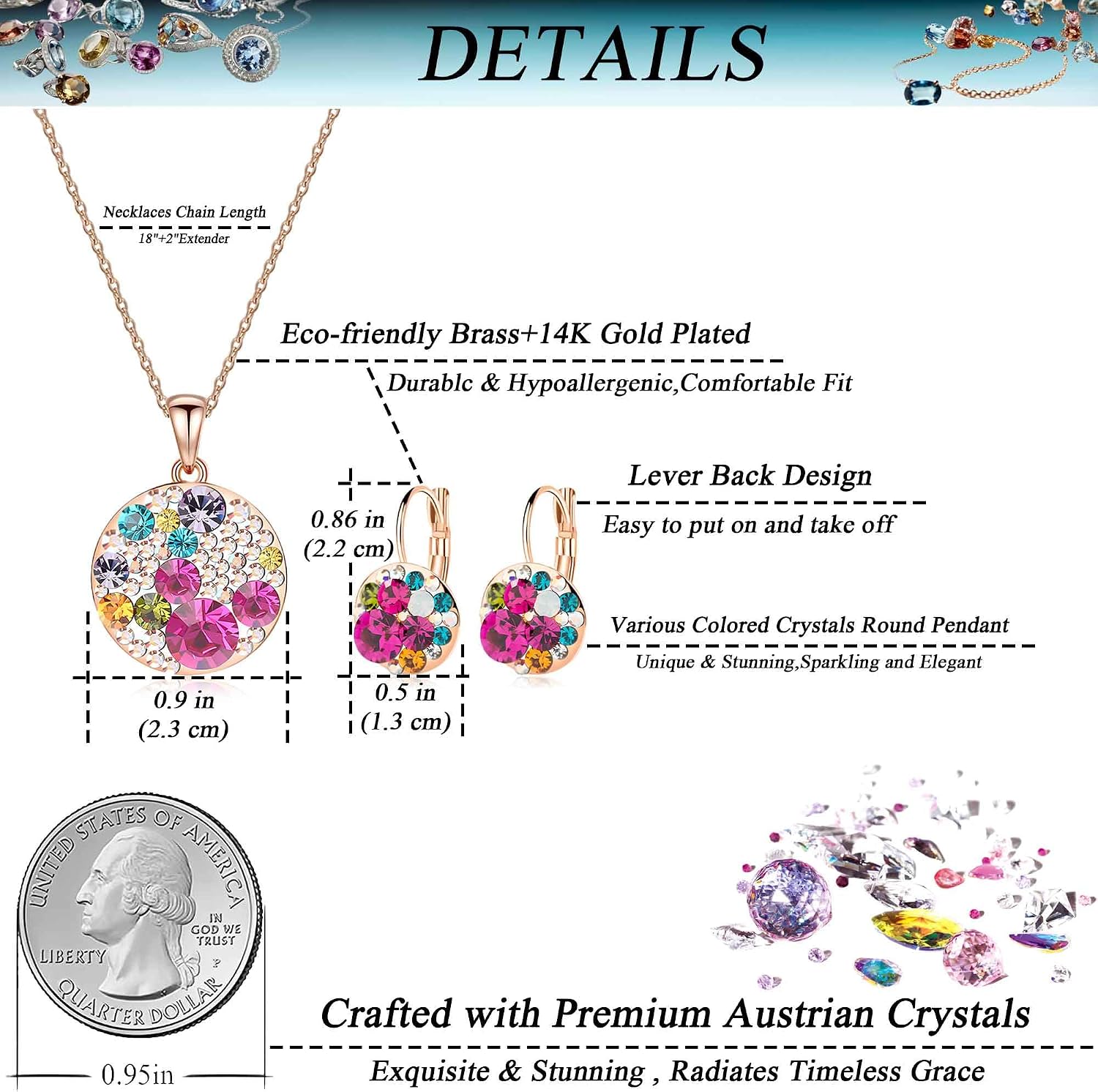 EVEVIC Austrian Crystal Disc Pendant Necklace and Earrings Set for Women image 4