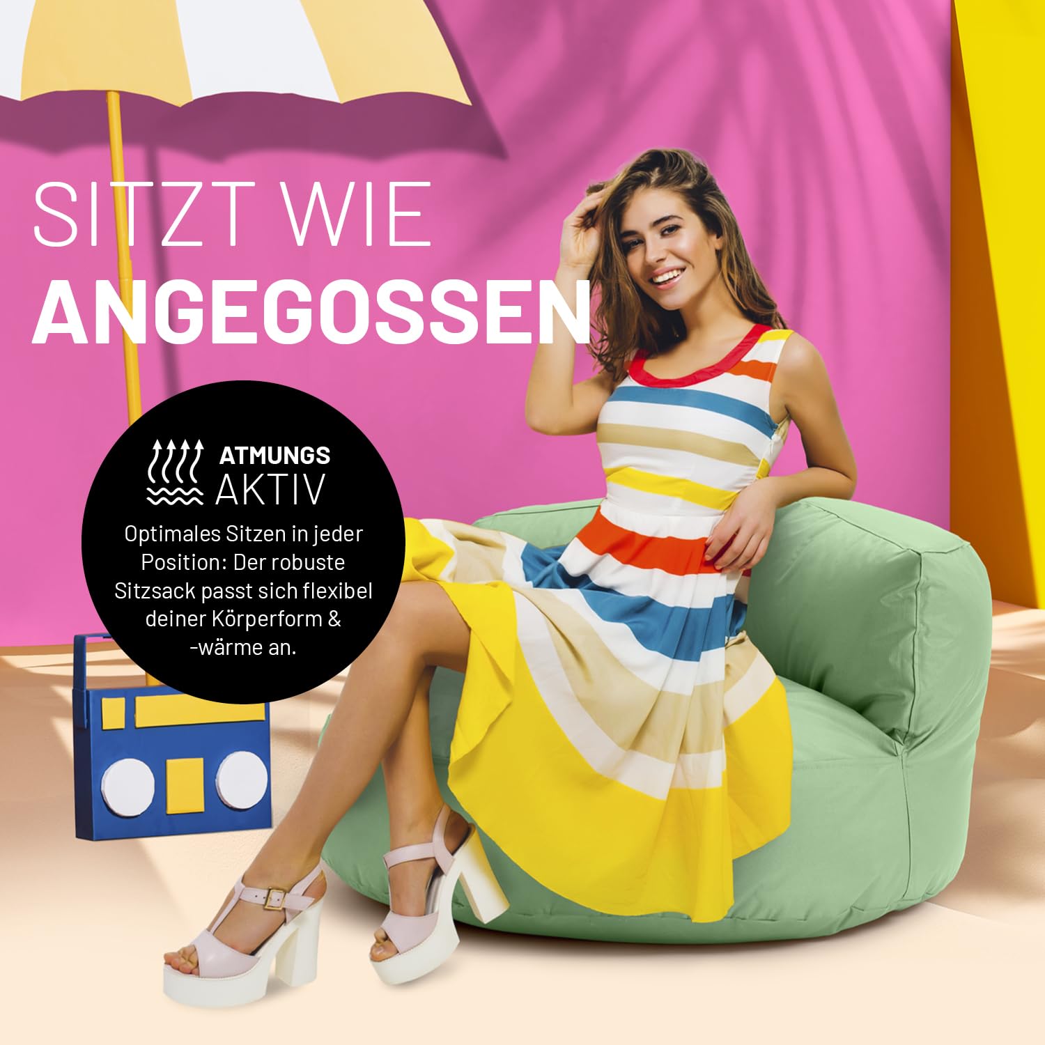 Lumaland Sitzsack Lounge 90x50 cm mit Rückenlehne wasserabweisend robust EPS-Füllung waschbarer Bezug Pastellgrün
