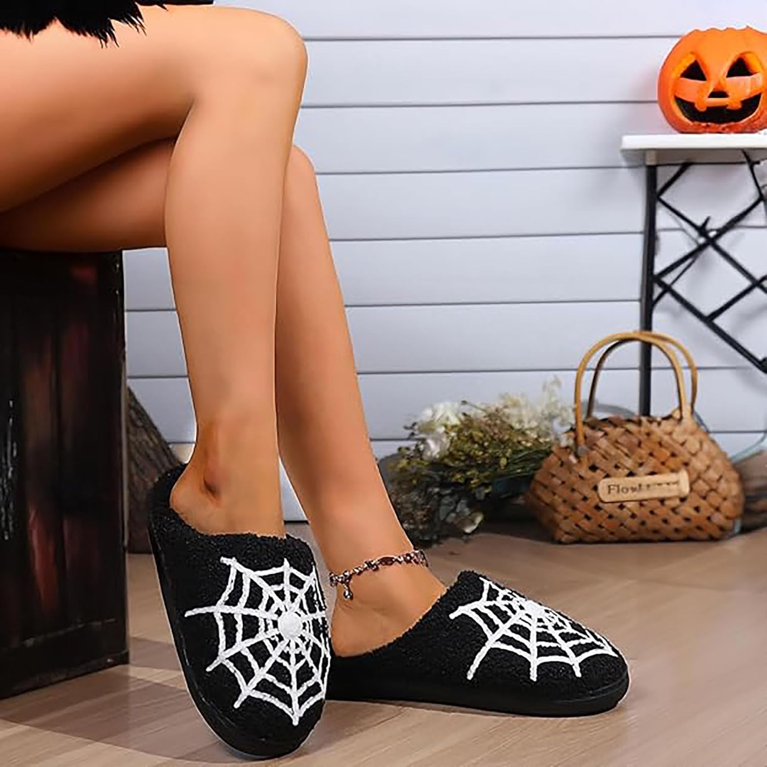 Halloween Slippers for Men Women Fluffy Plush Warm House Slippers with Ghost Pumpkin Bat Design Non-Slip Home Spooky Shoes - Image 3