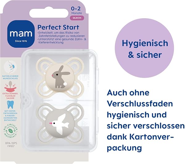MAM Perfect Start Schnuller | 0-2 Monate | Schnuller für Neugeborene | 94% Akzeptanz | Babyschnuller beugt Zahnfehlstellungen vor | mit Zahnmedizinern entwickelt | SkinSoft Silikon | Hase | 2 Stück - 2