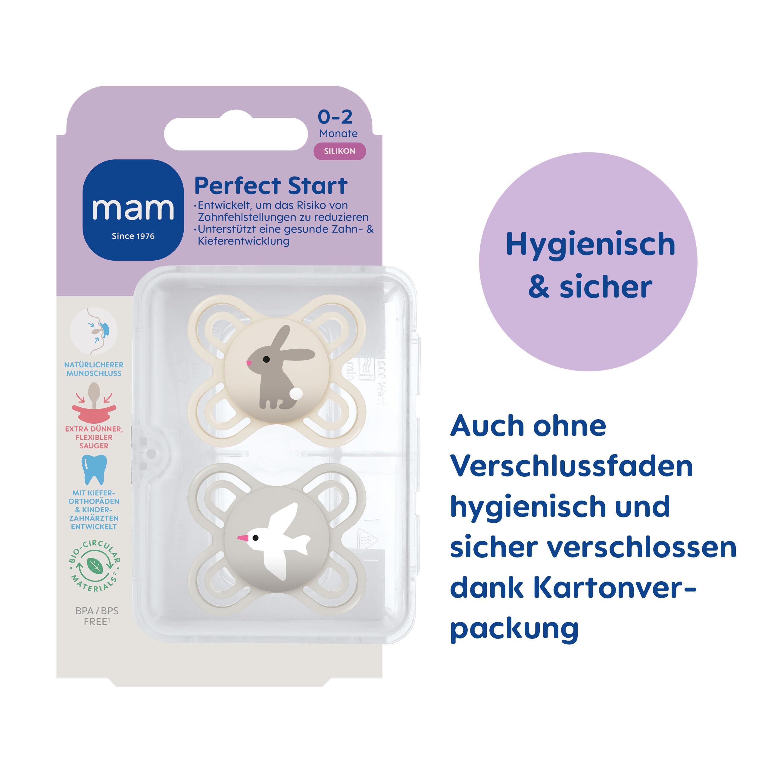 MAM Perfect Start Schnuller | 0-2 Monate | Schnuller für Neugeborene | 94% Akzeptanz | Babyschnuller beugt Zahnfehlstellungen vor | mit Zahnmedizinern entwickelt | SkinSoft Silikon | Hase | 2 Stück - 3