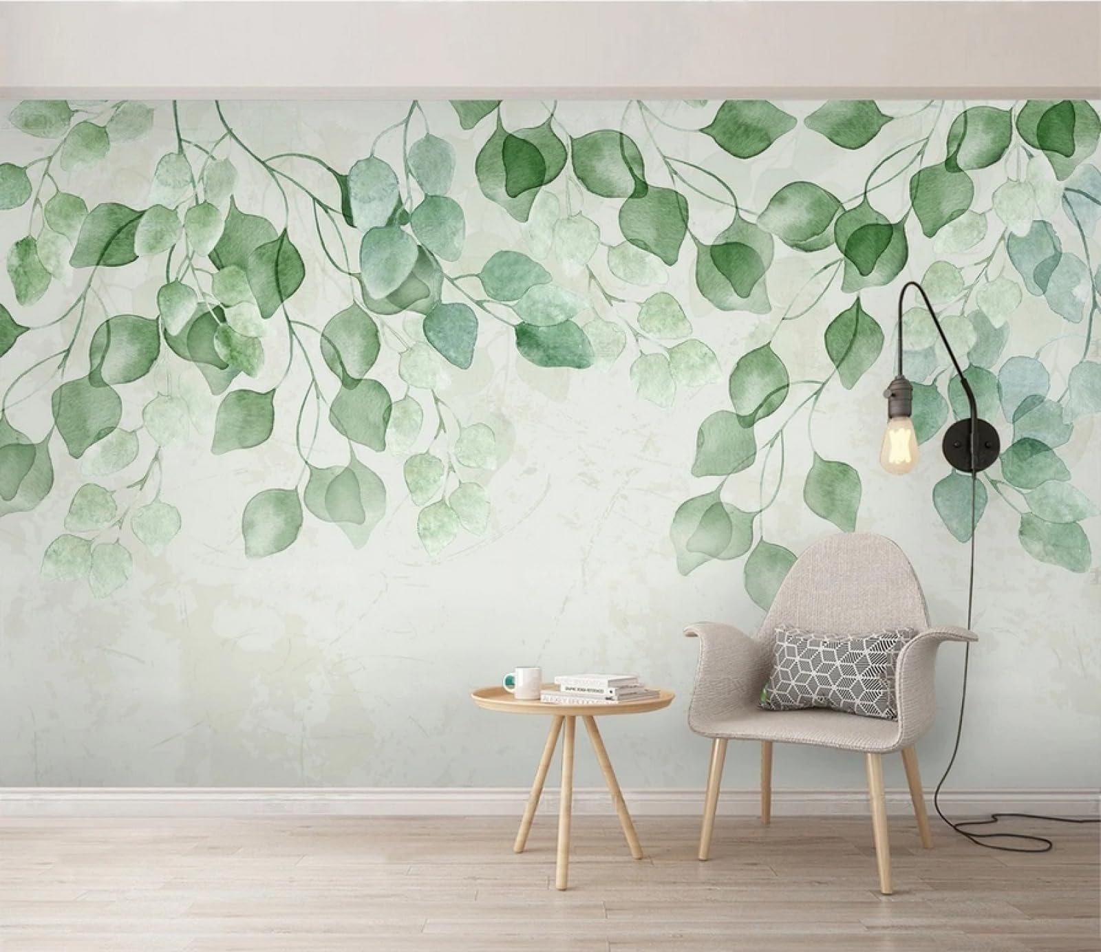 Carta da Parati Panoramica Intissato Foglie Verdi,Acquerello,Arte Wallpaper per Camera da Letto, Soggiorno 430x300cm
