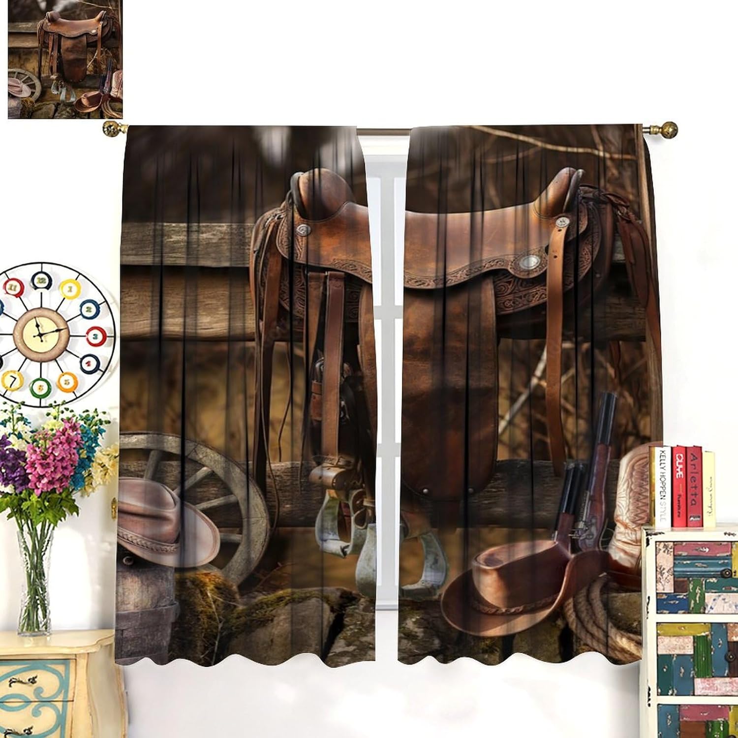 Brebasf Western Cowboy Blackout Curtains Retro West Traditional Style Barn Door Wooden Board Cowboy Theme Window&Drapes Thermal Insulated Darkening Rod Pocket Curtains Bedroom 2 Panels 54" L x 21" W