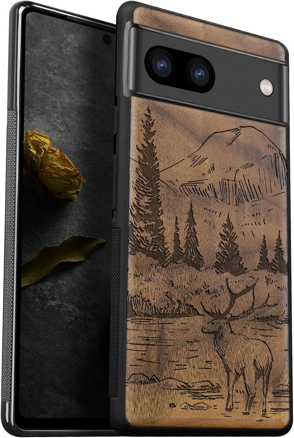 Carveit Wood Case for Pixel 7a Case [Natural Wood & Black Soft TPU] Shockproof Protective Unique & Classy Wooden Phone Cover Compatible with Google Pixel 7a (Mountains and Deer-Walnut)