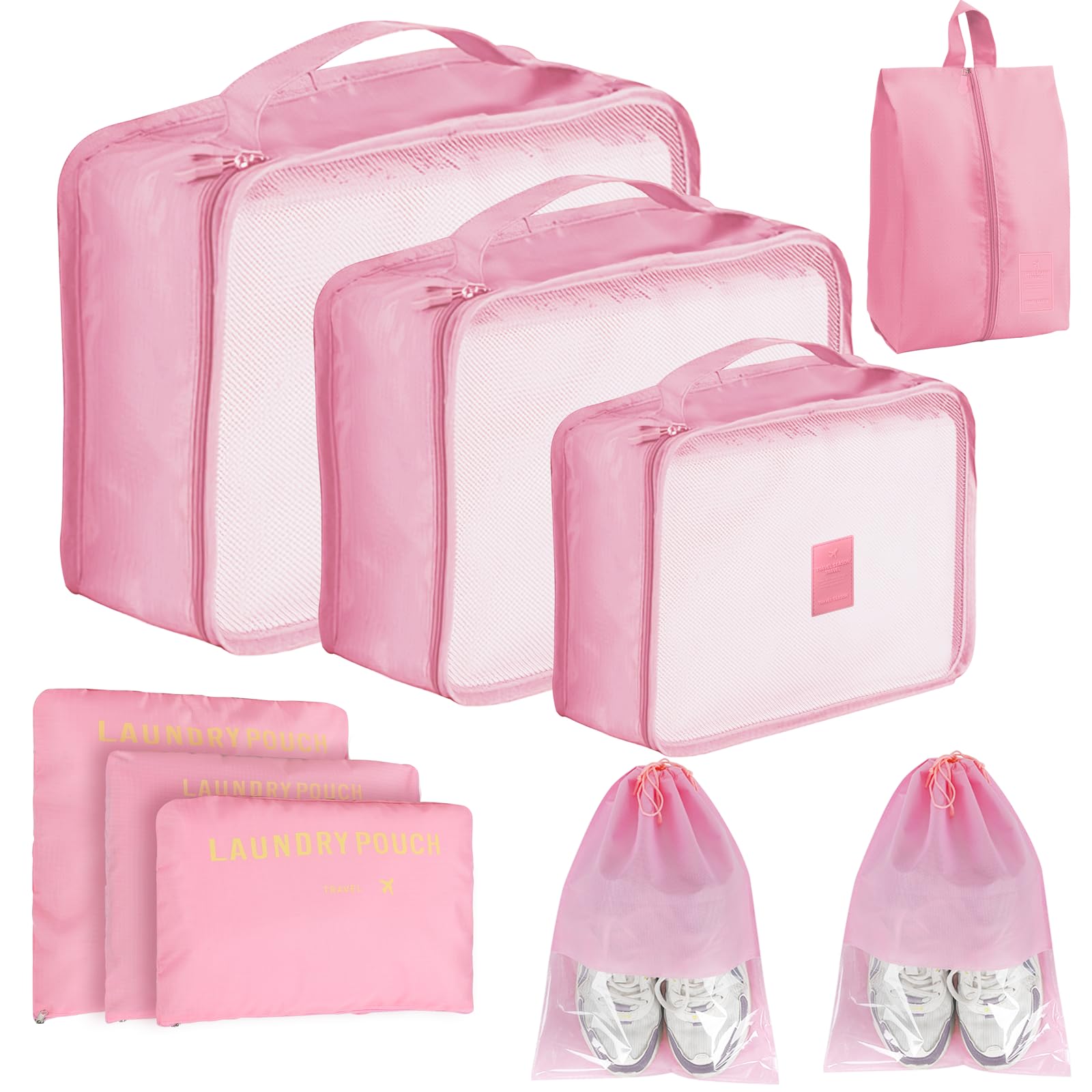 Cubi di imballaggio per Valigia - 9 PCS Cubi di Imballaggio da Viaggio Set di Borse Organizer per Valigie Leggere Organizzatori di Bagagli per Accessori da Viaggio con Borse per Scarpe - Rosa