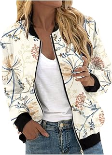 Women's Floral Print Bomber Jacket Casual Vintage Zip Coat Lightweight Long Sleeve Outwear Tops Windbreaker