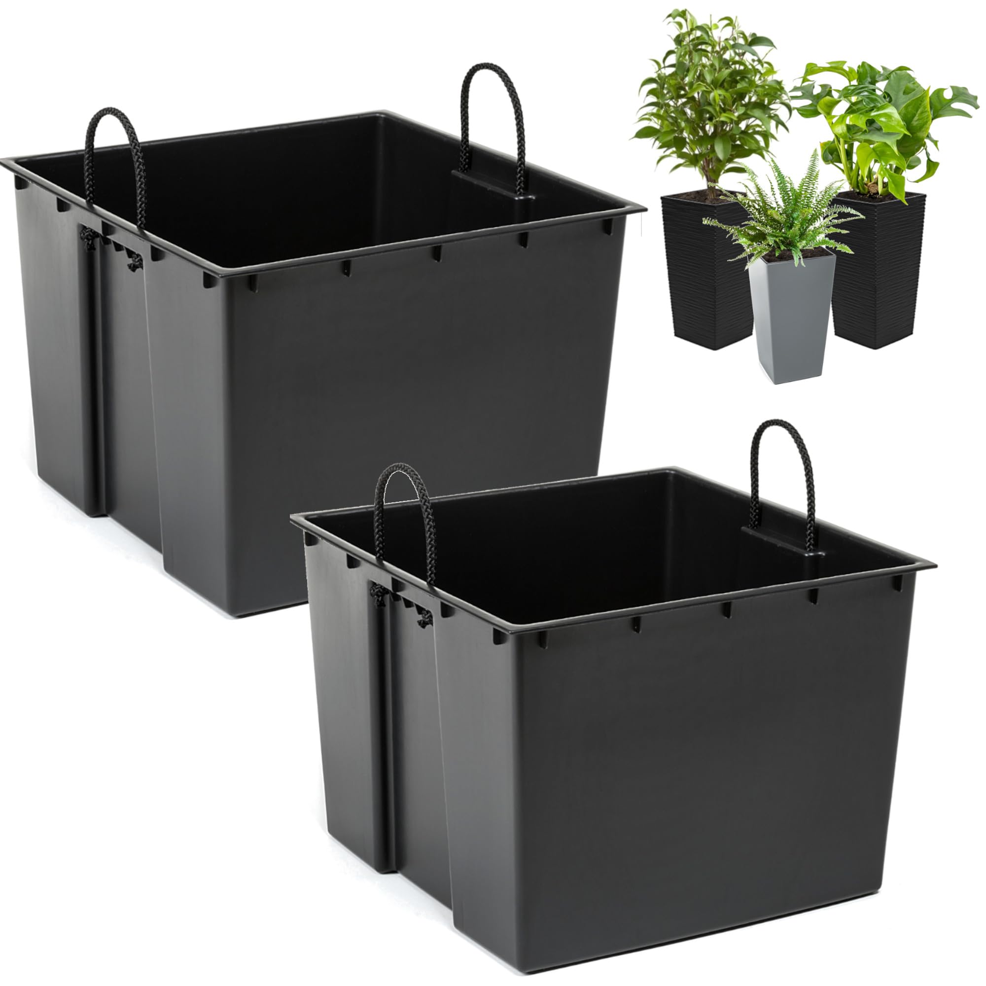 Lot de 2 inserts de pot de fleurs carrés interchangeables, durables, 34 x 28 cm, noirs, 28 l, pour pots Lamela de 68 x 35 cm, facilite le contrôle de la teneur en eau dans le pot, réduit la