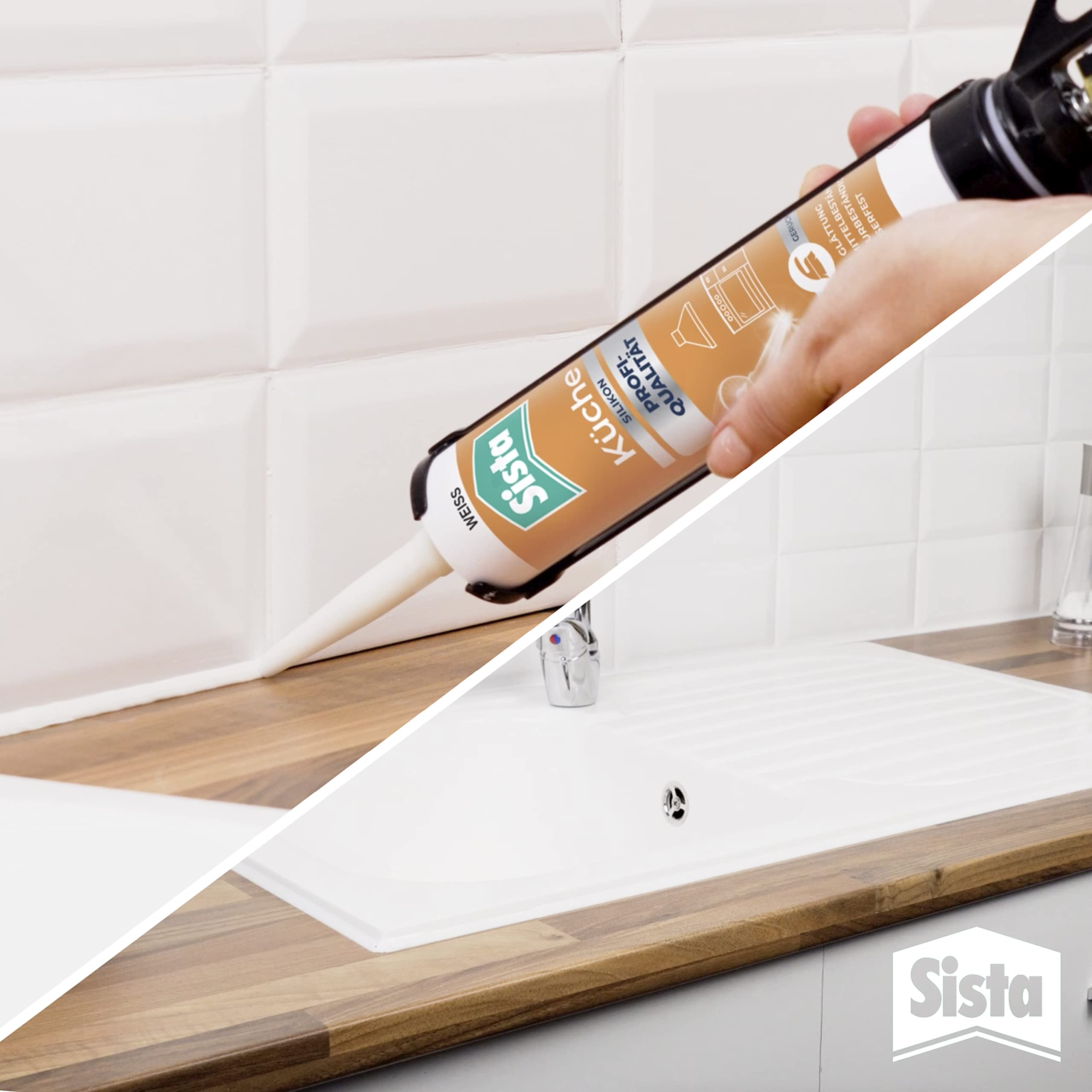 Sista Küche Profi-Qualität Silikon, scheuerfeste Fugenmasse für die Küche, wasserfestes Küchensilikon mit idealer Glättung, reinigungsmittelbeständige Dichtmasse, 12x280ml Kartusche