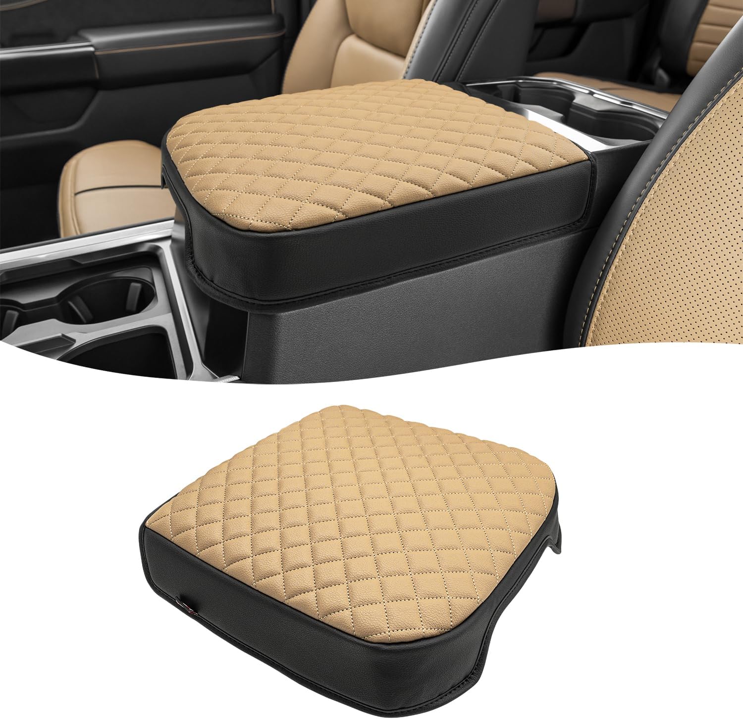KBH Center Console Armrest Cover for F250-F550 Super Duty 2023-2026, Bucket Seat, Vinyl Leather Interior Trim, Arm Rest Lid Cushion Rrotector, Anti-Scratch, Baja Tan