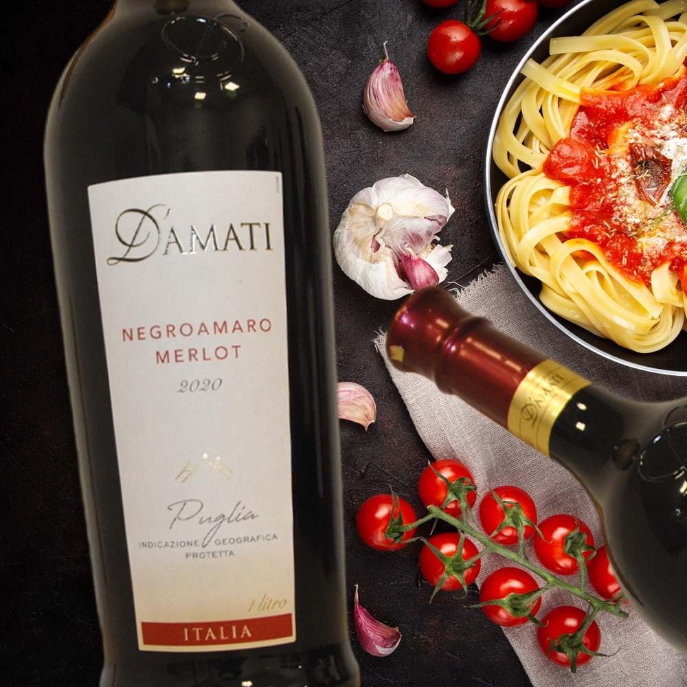 D'Amati Negroamaro Merlot Puglia, trocken, sortenreines Weinpaket + VINOX Winecards (6x1,0l)