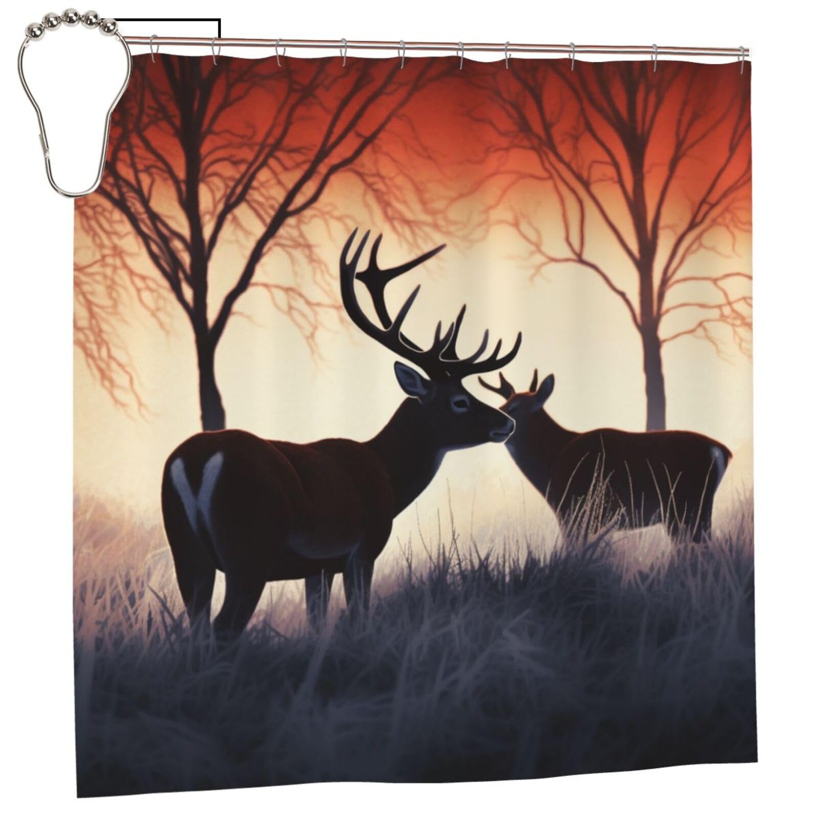 BWWHCCTI Winter Nature Deer Printed Shower Curtain With 12 Iron Hooks Opaque Quick Drying Waterproof Shower Curtains Sets For Bathroom 183x183 CM