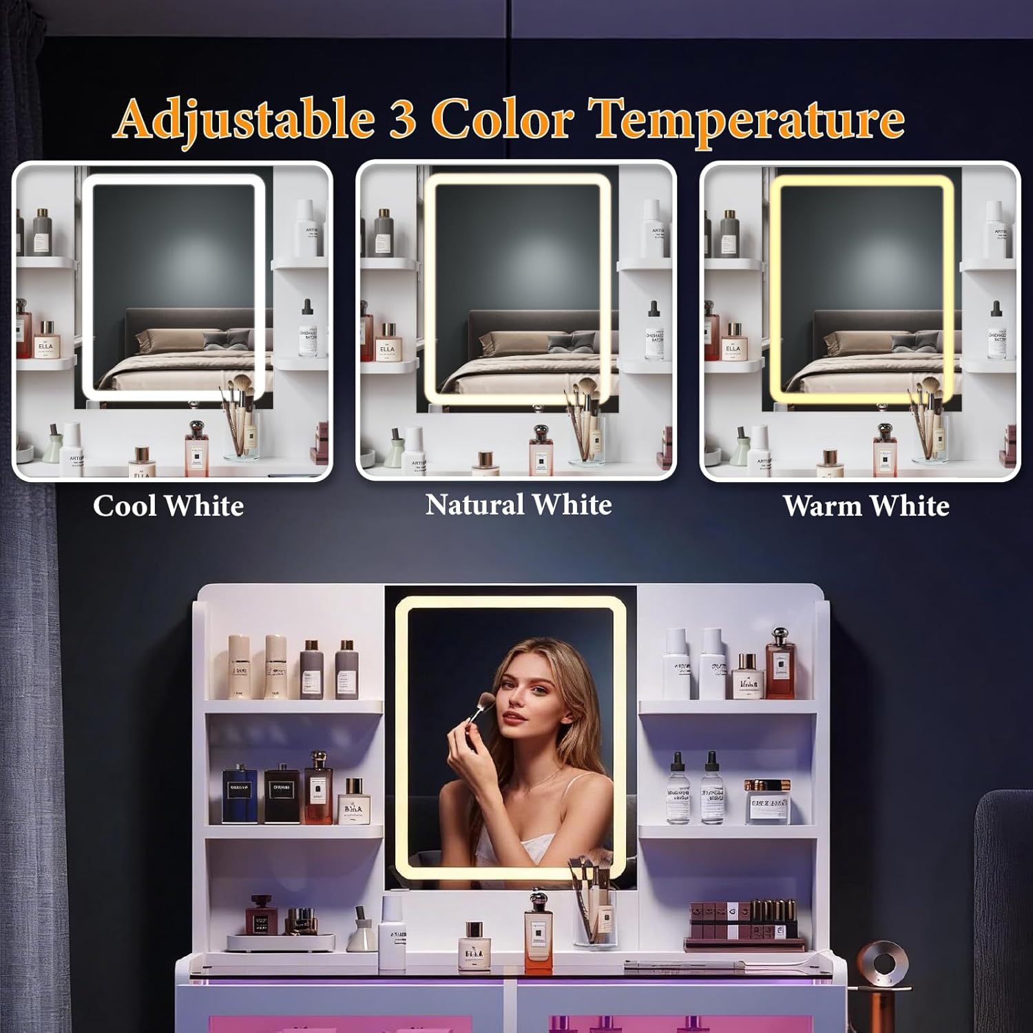 39.37"Makeup Vanity Desk with Smart LED Mirror & Charging Station, Transparent Top with 2 RGB Drawers, 4 Shelves, 3 Lighting Modes & Adjustable Brightness, Modern Bedroom Dressing Table-White