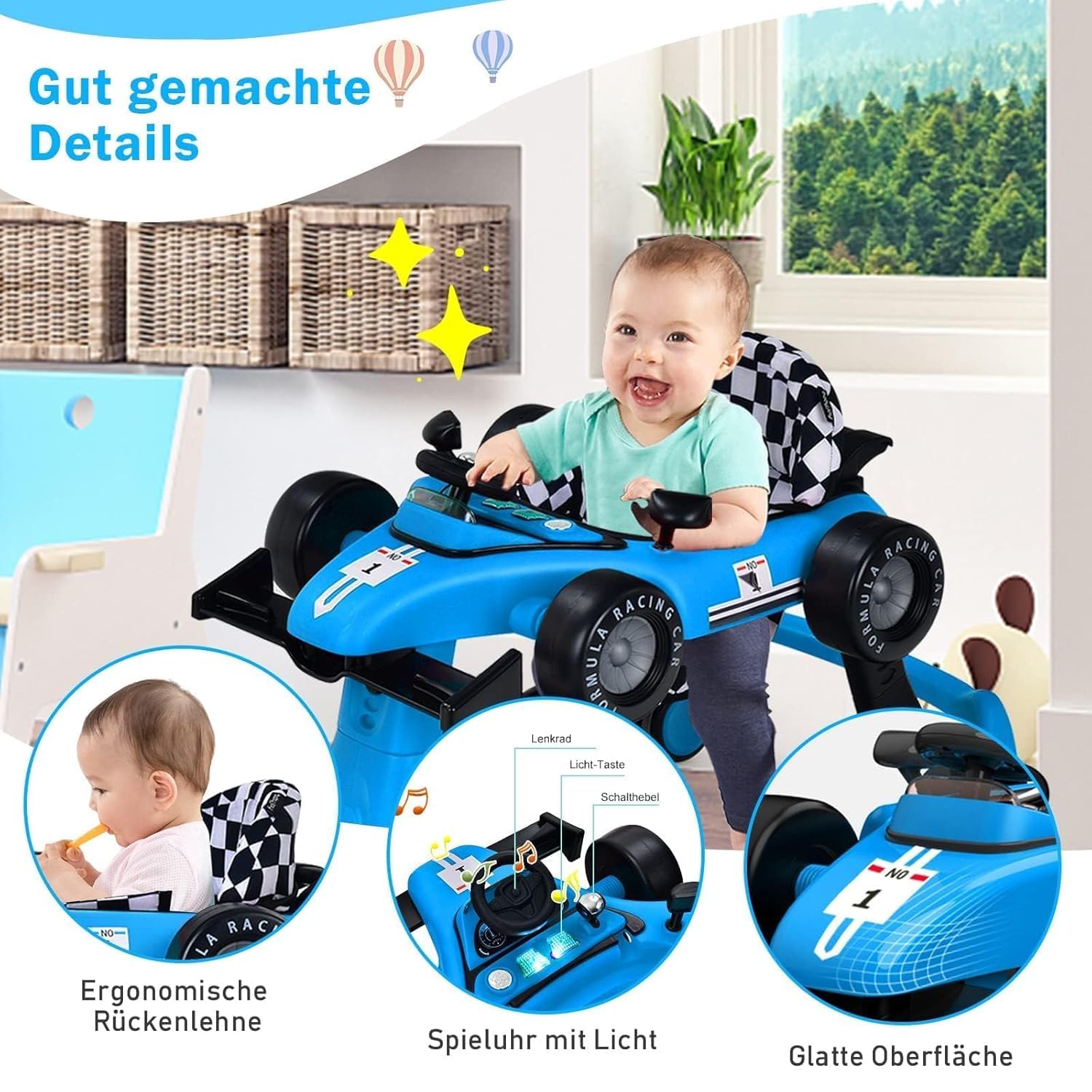FANTASK Pomoc do nauki chodzenia 4 w 1, wózek do nauki chodzenia, składany, z regulowaną wysokością i prędkością, Baby Walker w kształcie samochodu, z pozytywką, światłem i kółkami (niebieski)