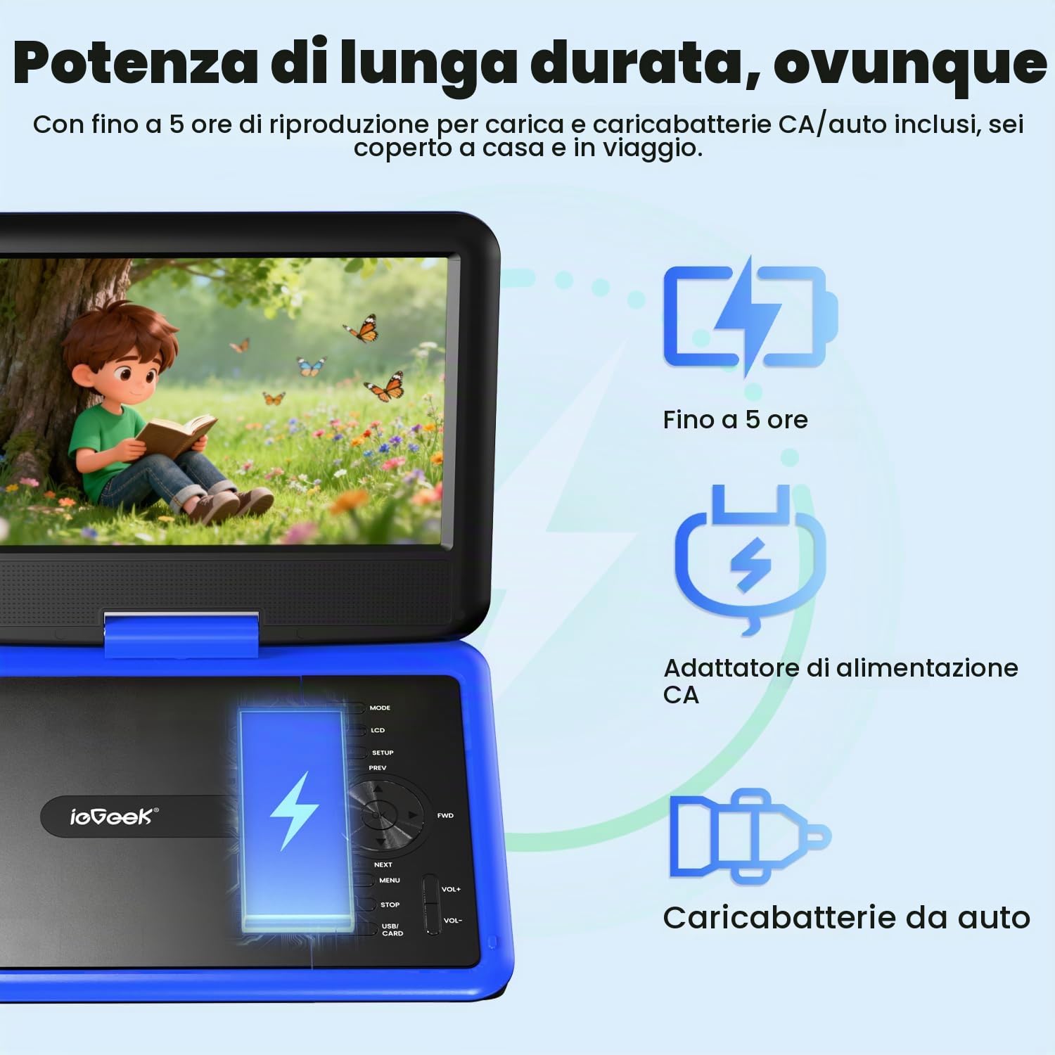 ieGeek Lettore DVD portatile da 11,5 pollici con batteria 5 ore, scheda SD, ingresso USB e uscita AV, schermo girevole a 360°, funzione di ripresa, indipendentemente dalla regione