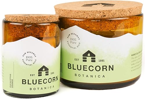Miniatura 2 de Vela de aceite esencial de eucalipto y naranja y cera de abeja pura en vidrio soplado. Vela Bluecorn Beeswax Botanica de 3 mechas perfumada no