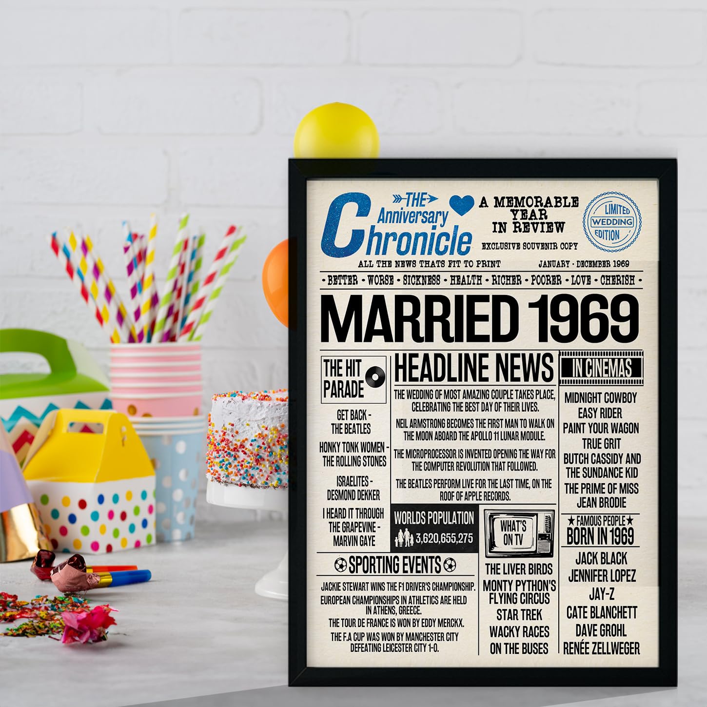 Stuff4 57th Anniversary Poster Framed, Married In 1969 Newspaper - Image 4