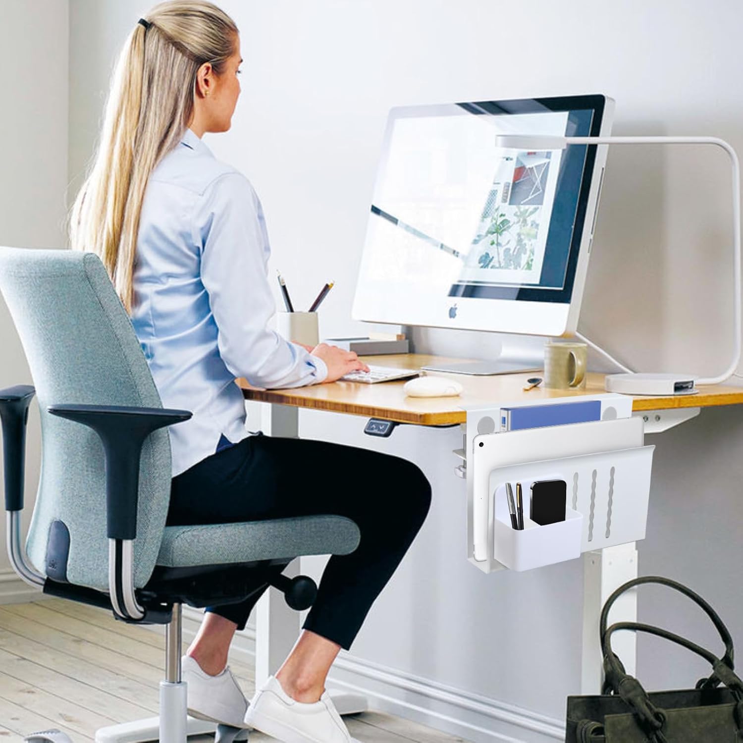 LUKETURE Laptop Holder, Steel Desk Side Storage, No Drill Standing Desk Accessories, Clamp on Laptop Mount with Pen Holder, Fits Flat Edge Tables 0.3" to 2.8" (White, M(1 Tier)) White M(1 Tier) image 8 of 8 B0FH6NHRFY