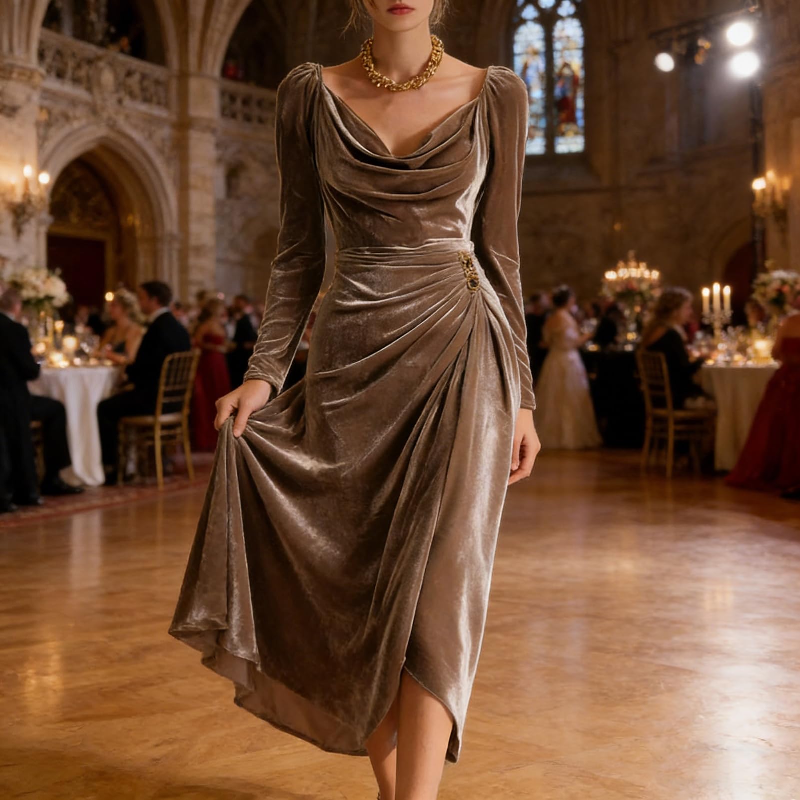 Robe midi en velours pour femme - Col bénitier - Manches longues - Froncée - Moulante - Fente fendue - Robe de soirée formelle - Robe de soirée formelle - Invité de